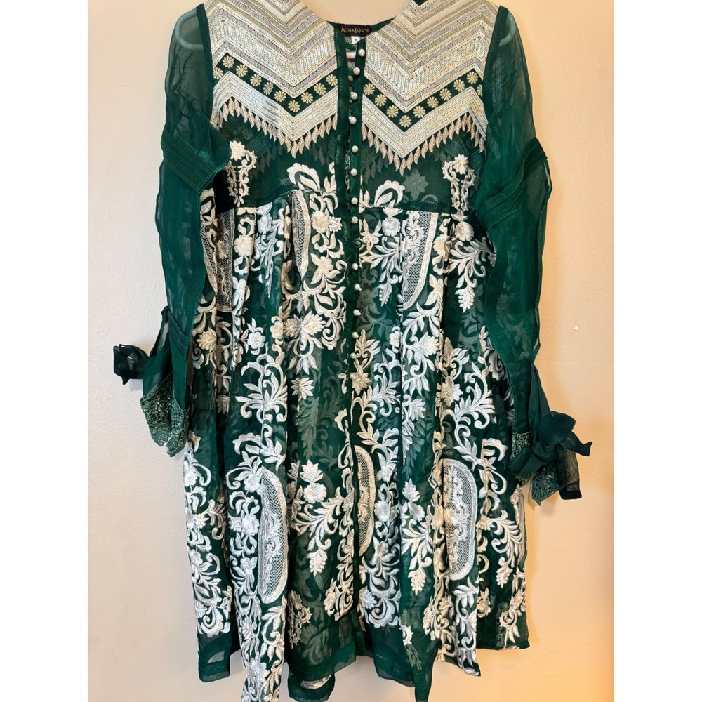 Agha Noor Emerald Green Embroidered Organza Kurta Tunic Pearl Buttons Small